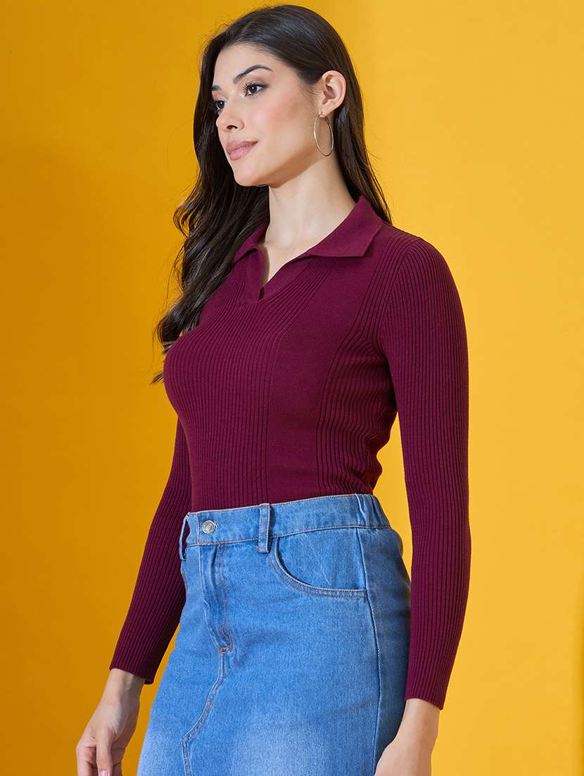 women solid long sleeve collared pullover - 22072216 -  Standard Image - 1