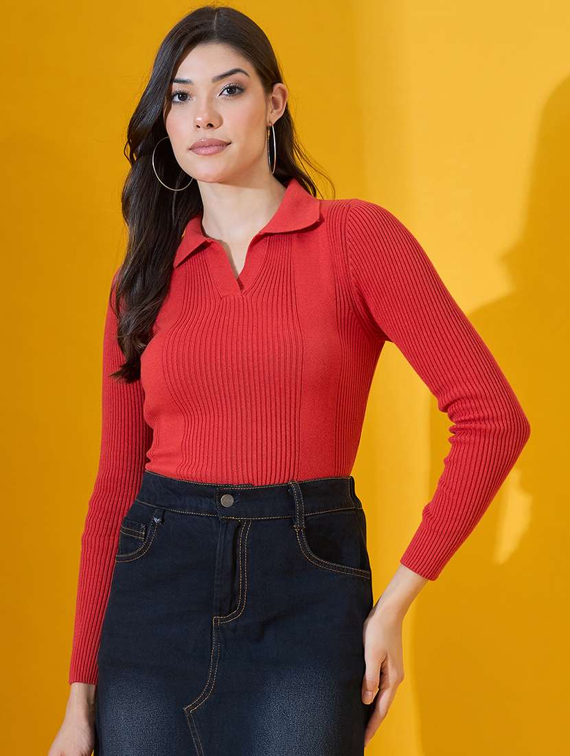 women solid long sleeve collared pullover