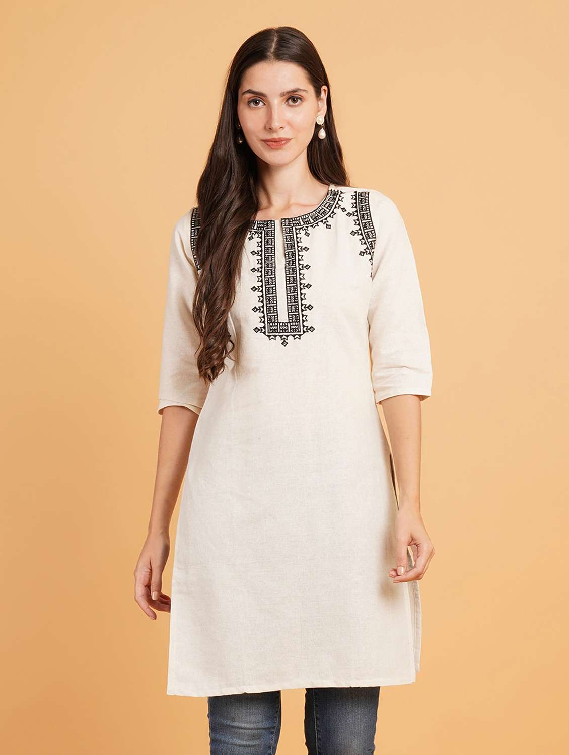 women embroidered three quarter sleeve straight kurti