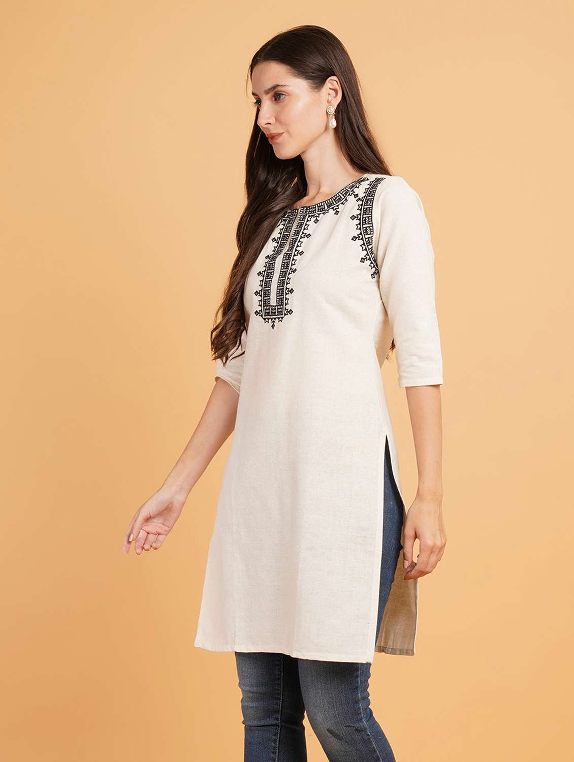 women embroidered three quarter sleeve straight kurti - 22072440 - Standard Image - 1