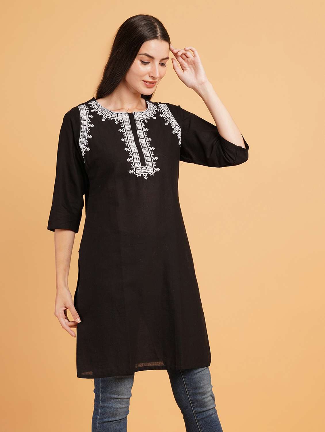 women embroidered three quarter sleeve straight kurti - 22072441 -  Standard Image - 1