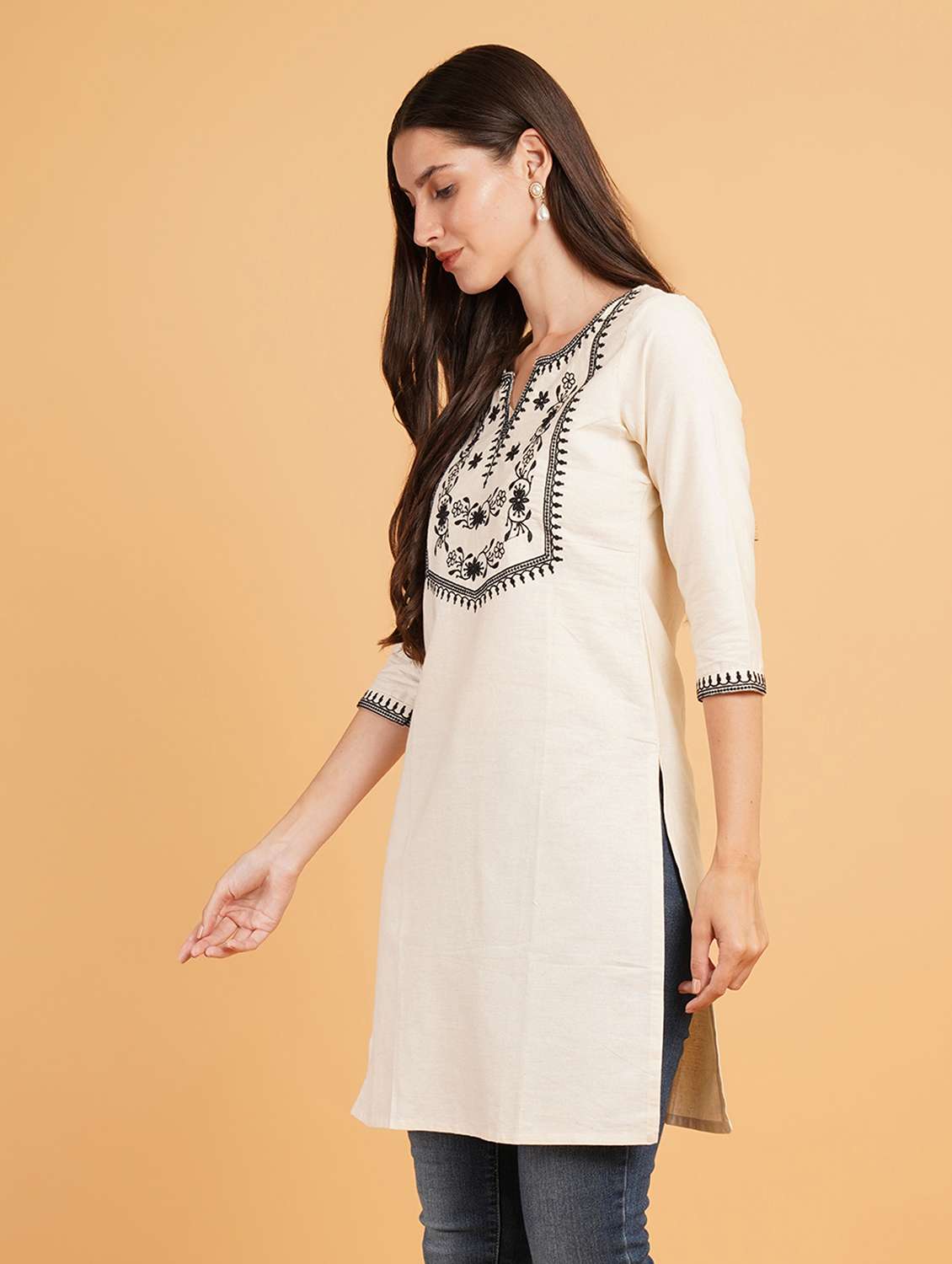 women embroidered three quarter sleeve straight kurti - 22072443 - Standard Image - 1
