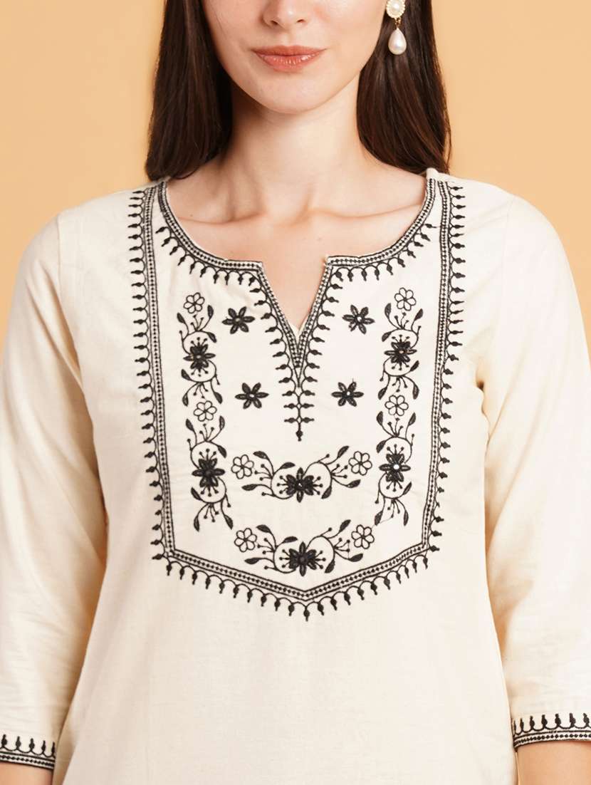 women embroidered three quarter sleeve straight kurti - 22072443 - Standard Image - 4