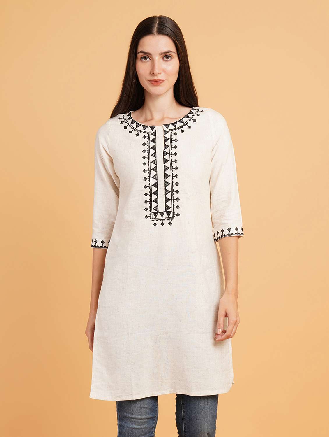 women embroidered three quarter sleeve straight kurti