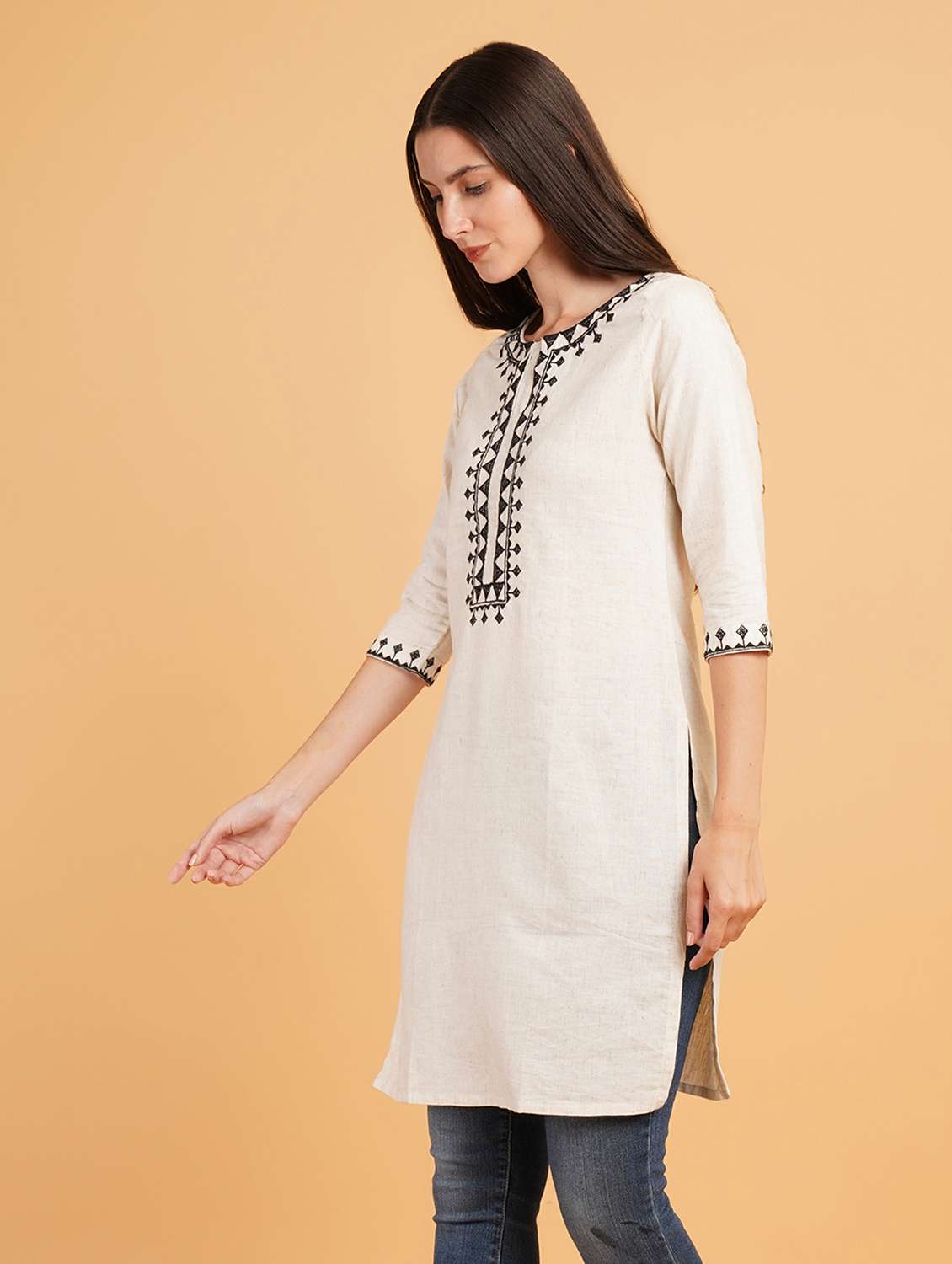 women embroidered three quarter sleeve straight kurti - 22072445 -  Standard Image - 1