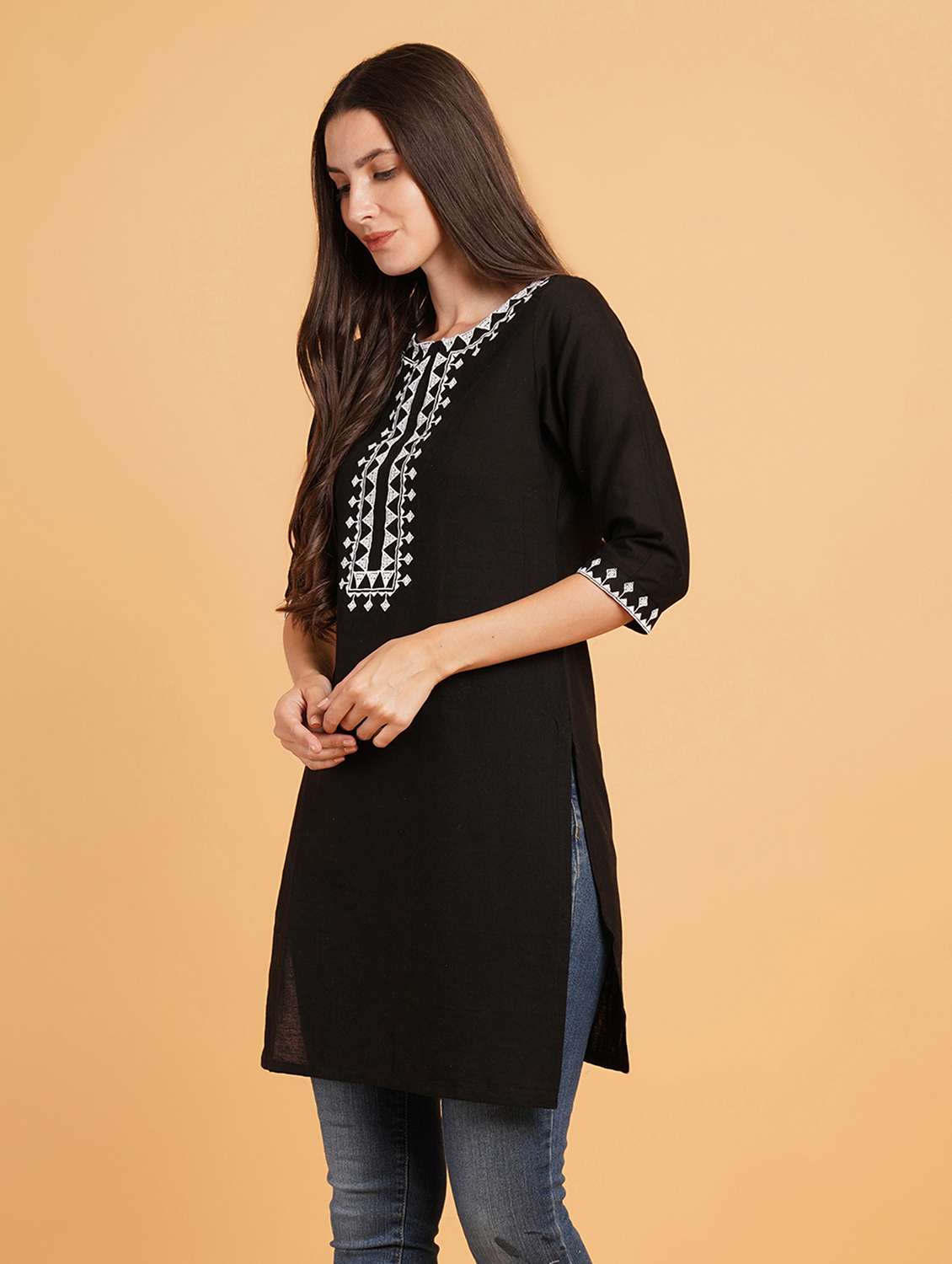 women embroidered three quarter sleeve straight kurti - 22072446 -  Standard Image - 1
