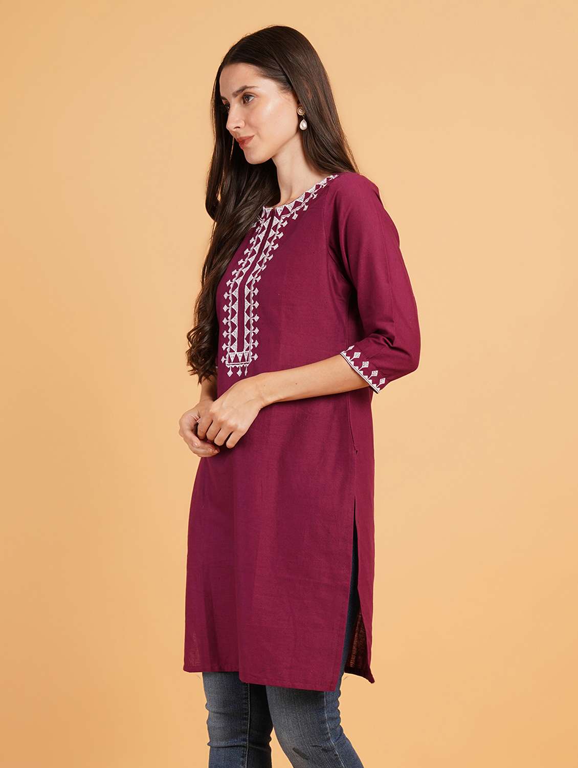 women embroidered three quarter sleeve straight kurti - 22072448 - Standard Image - 1