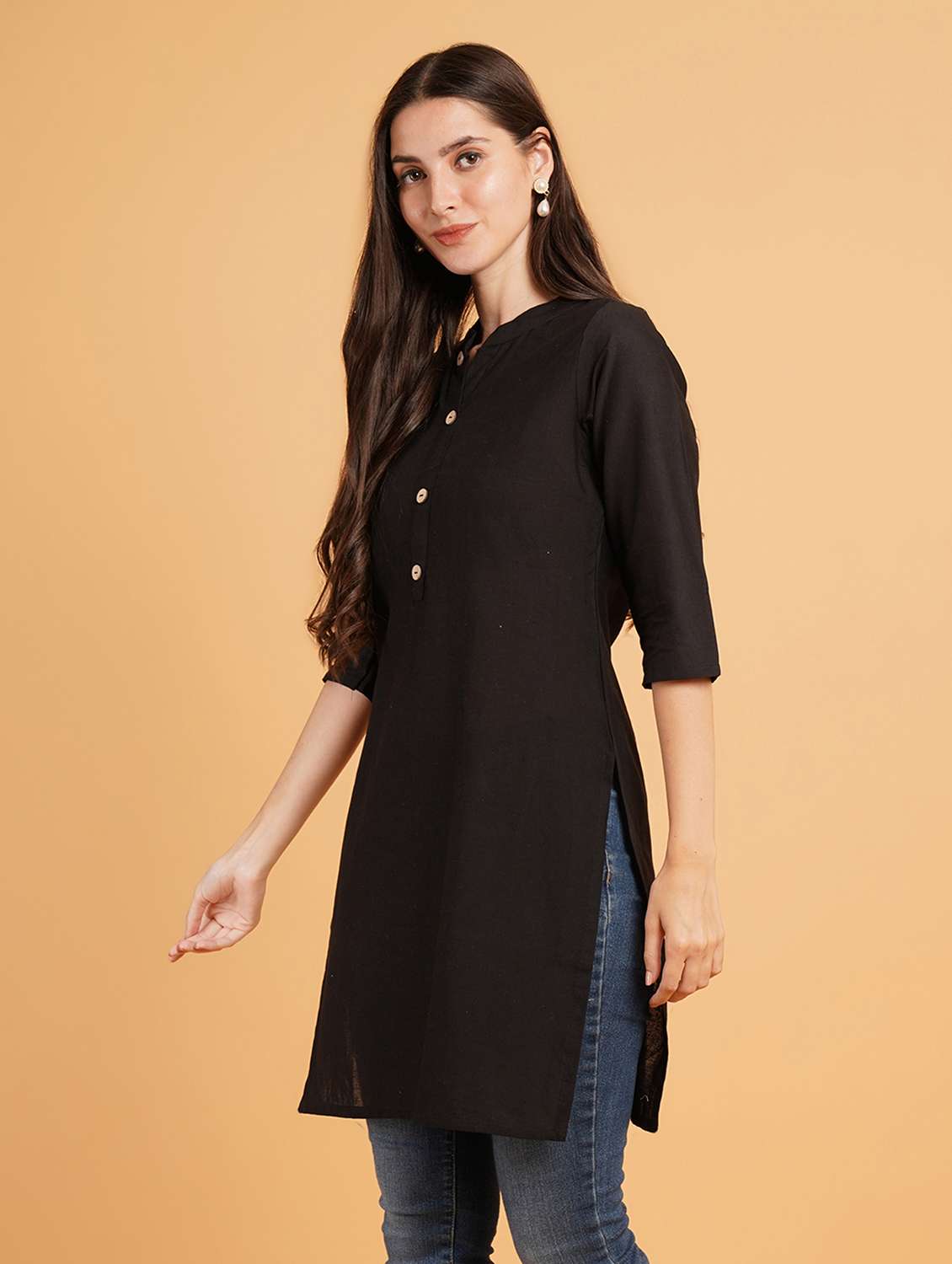women solid three quarter sleeve straight kurti - 22072465 -  Standard Image - 1