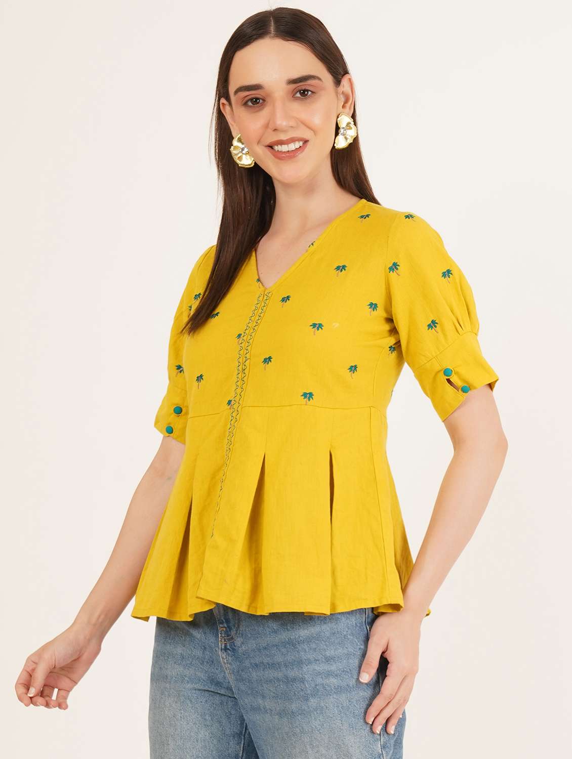 women embroidered puff sleeve a-line ethnic top - 22072469 -  Standard Image - 1