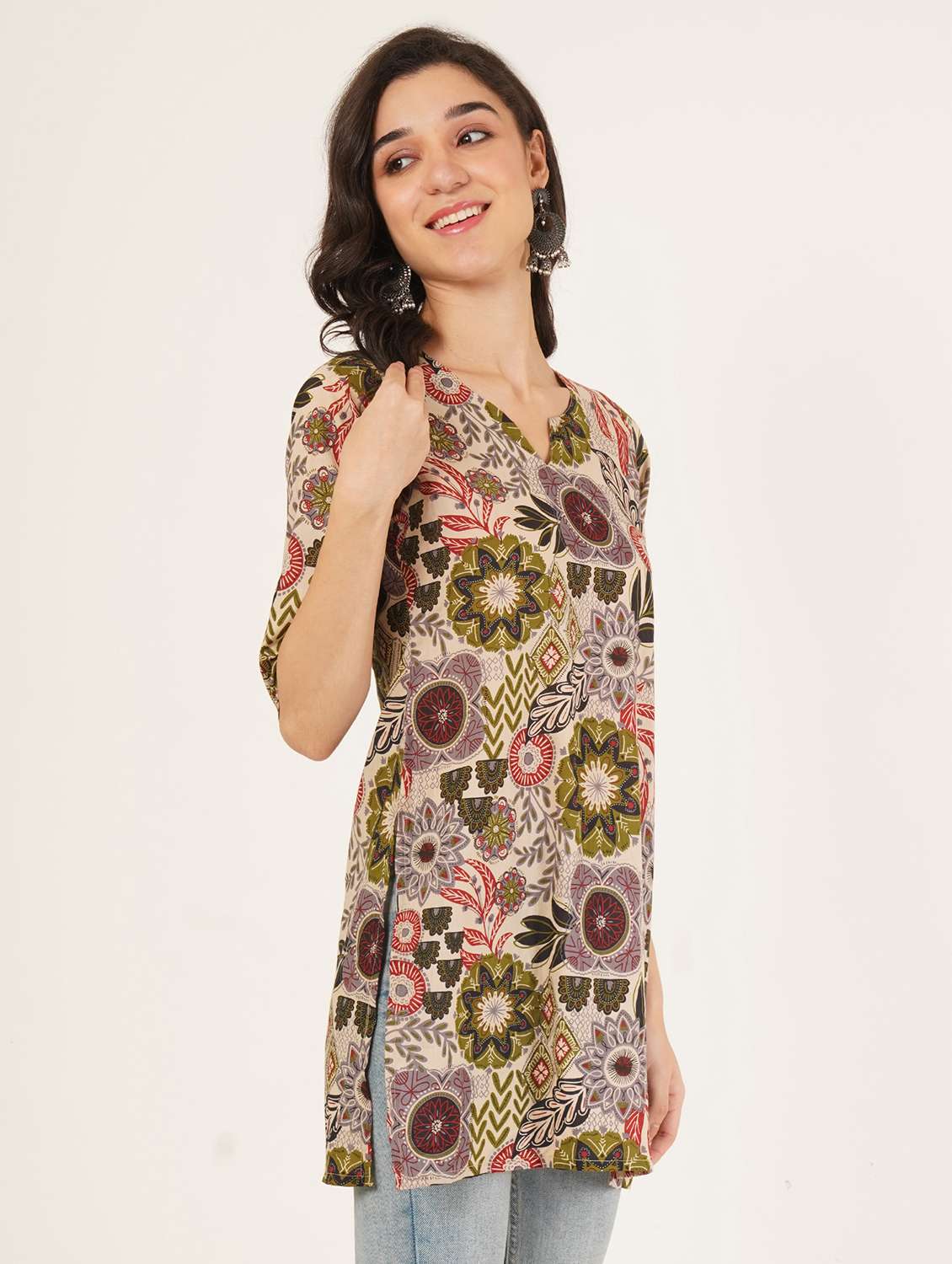 women printed three quarter sleeve straight kurti - 22072474 - Standard Image - 1