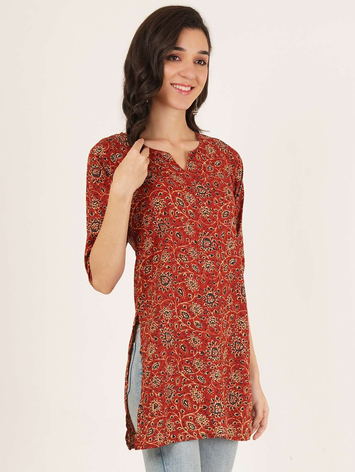 women printed three quarter sleeve straight kurti - 22072477 - Standard Image - 1