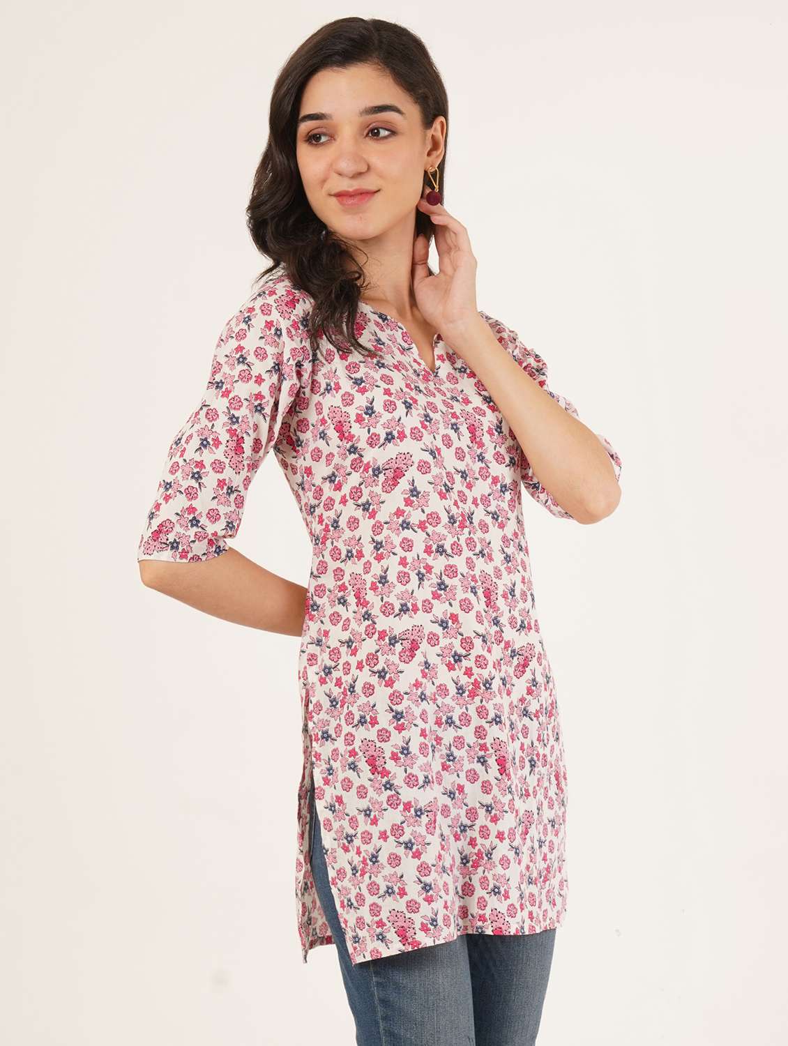 women floral printed three quarter sleeve straight kurti - 22072478 - Standard Image - 1