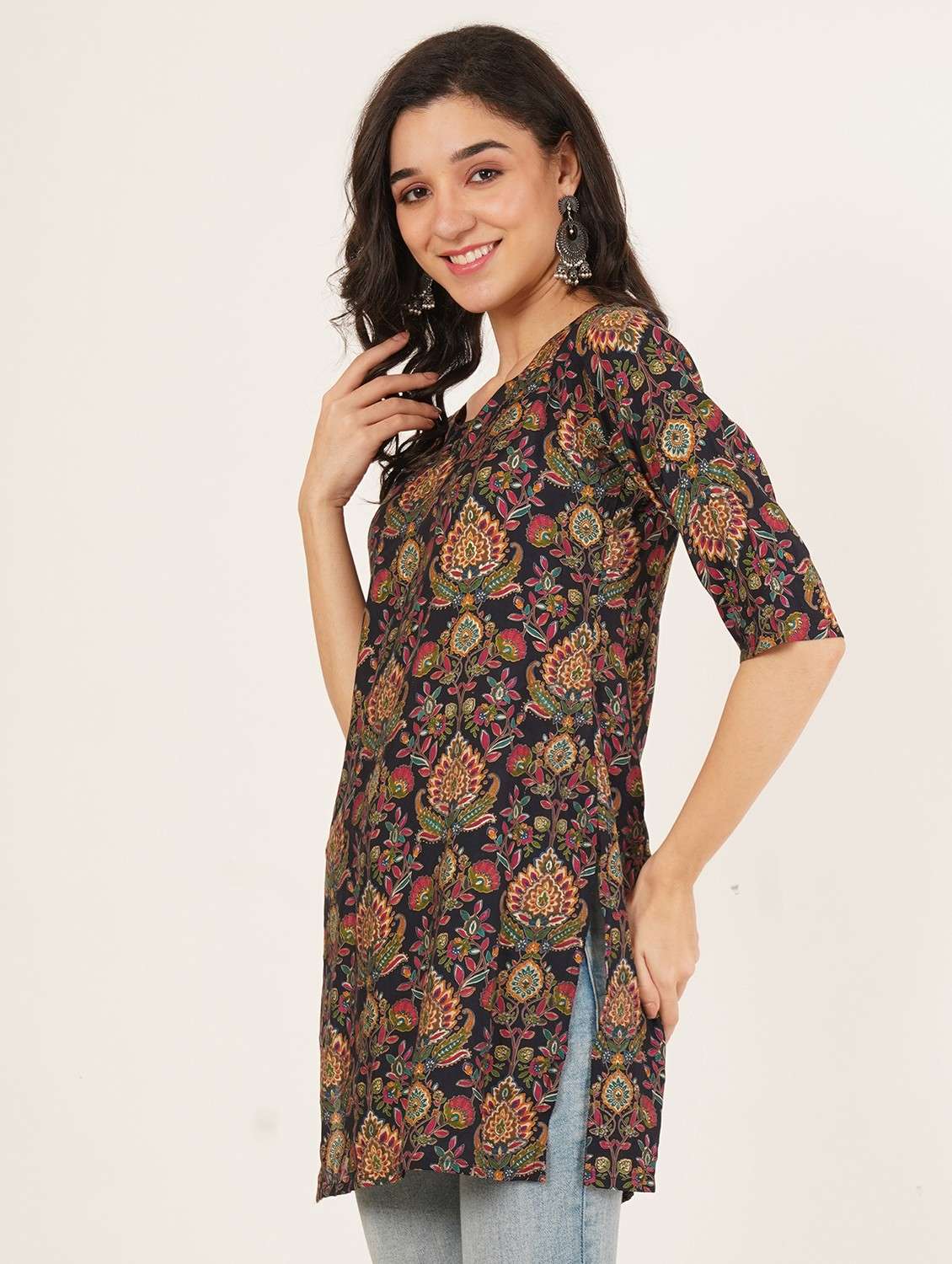 women printed three quarter sleeve straight kurti - 22072479 -  Standard Image - 1