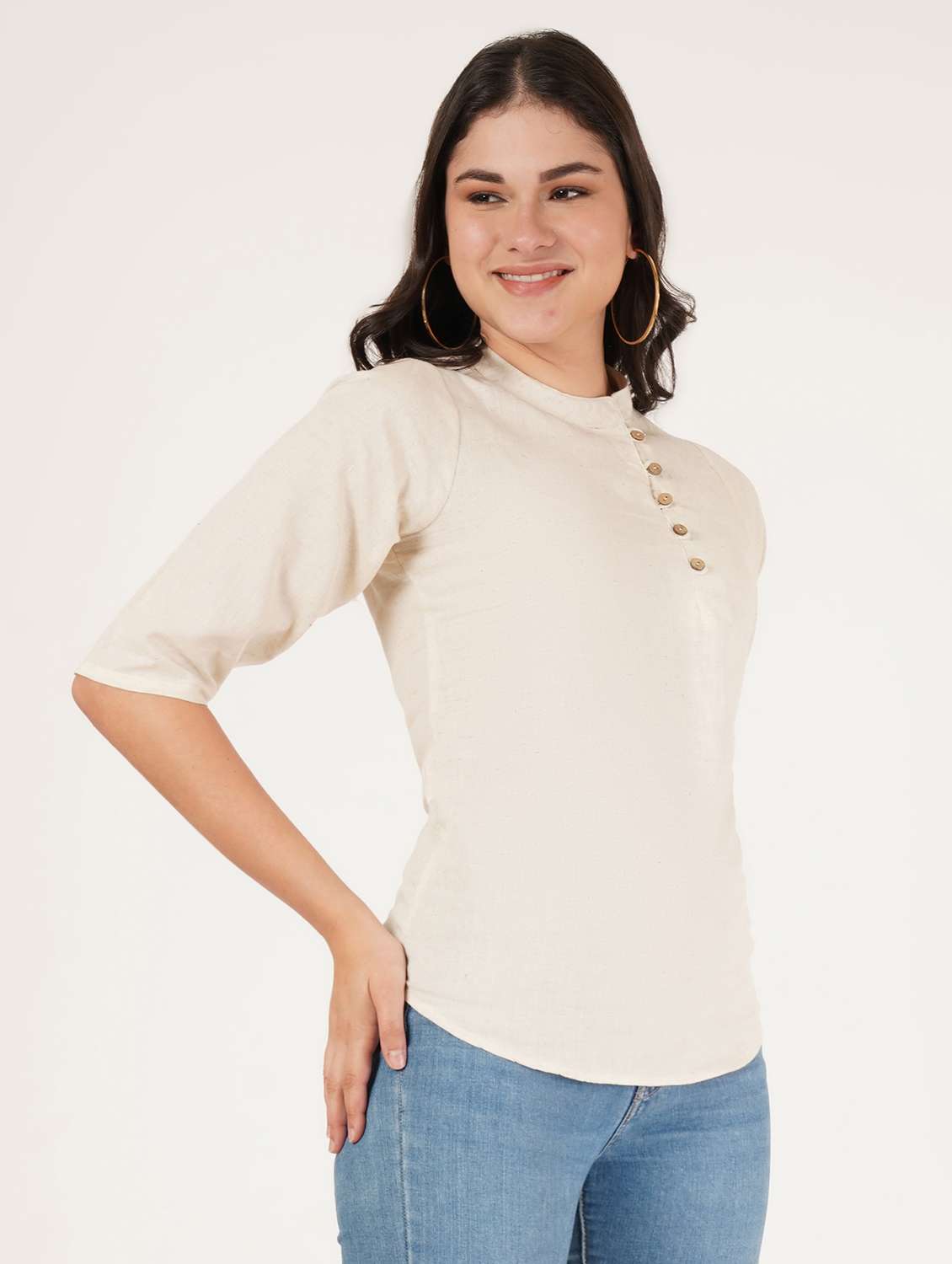 women solid three quarter sleeve regular top - 22072492 - Standard Image - 1