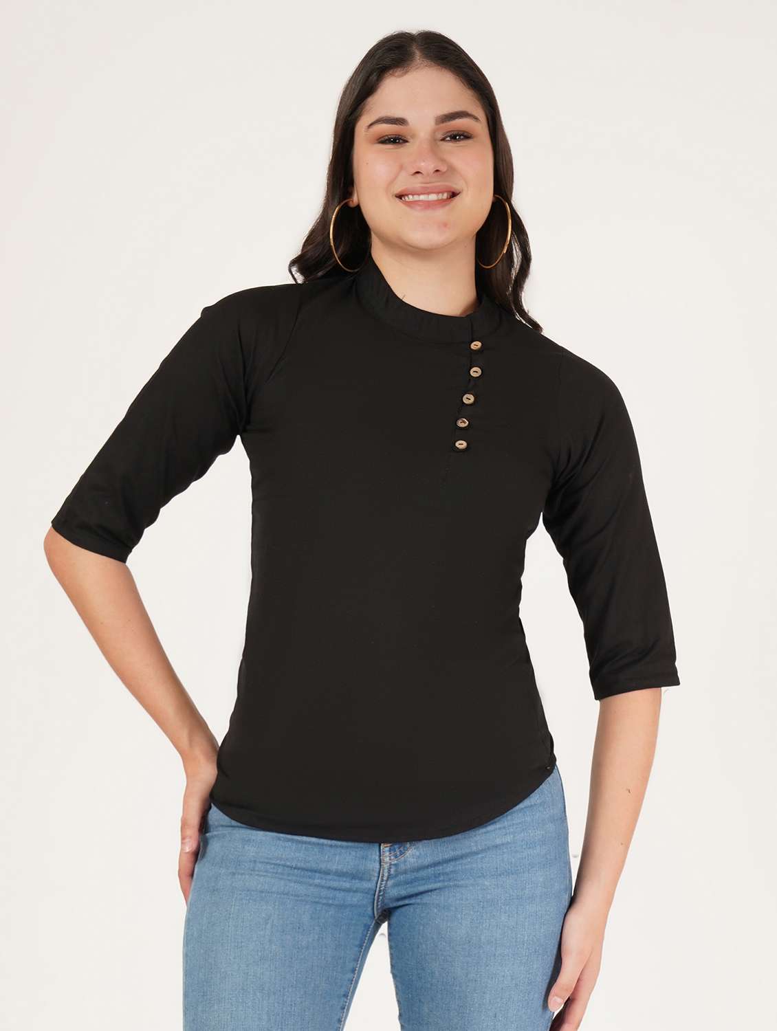 women solid three quarter sleeve regular top