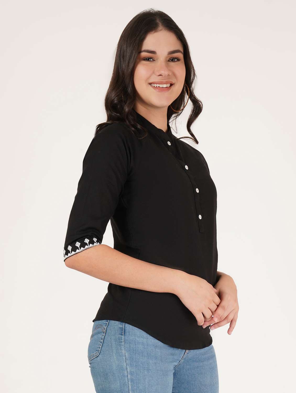 women solid three quarter sleeve regular top - 22072495 - Standard Image - 1
