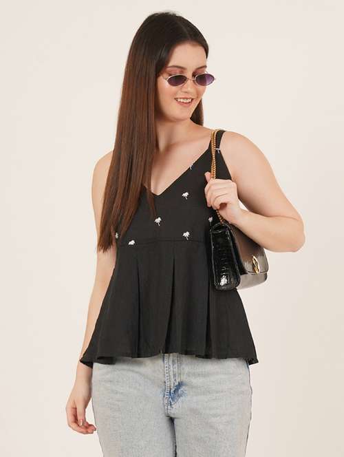 women embroidered shoulder strap peplum top - 22072499 - Standard Image - 0