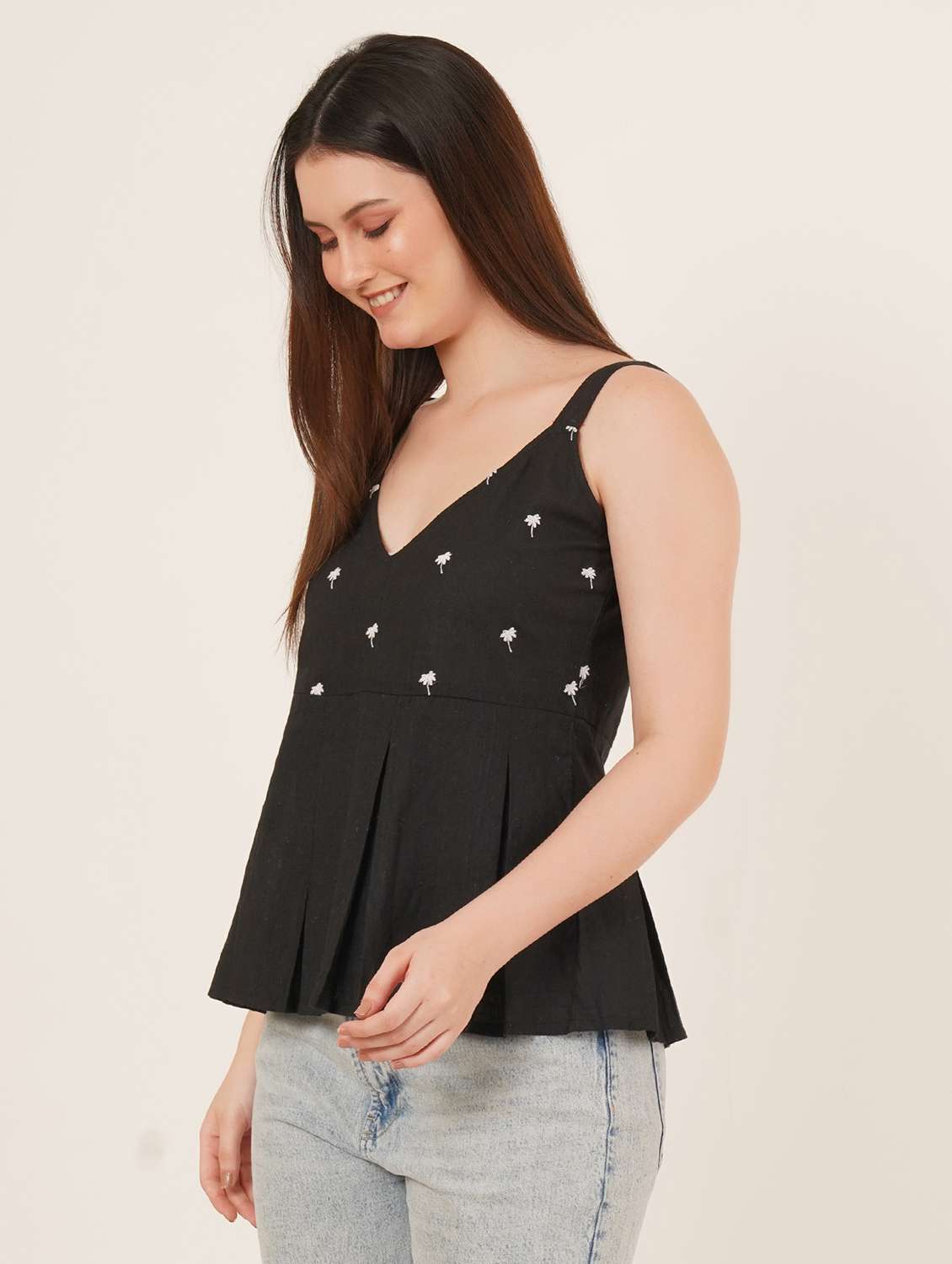 women embroidered shoulder strap peplum top - 22072499 - Standard Image - 1