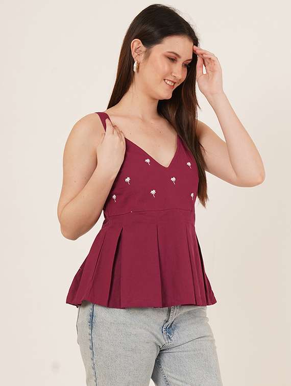 women embroidered shoulder strap peplum top - 22072500 -  Standard Image - 1