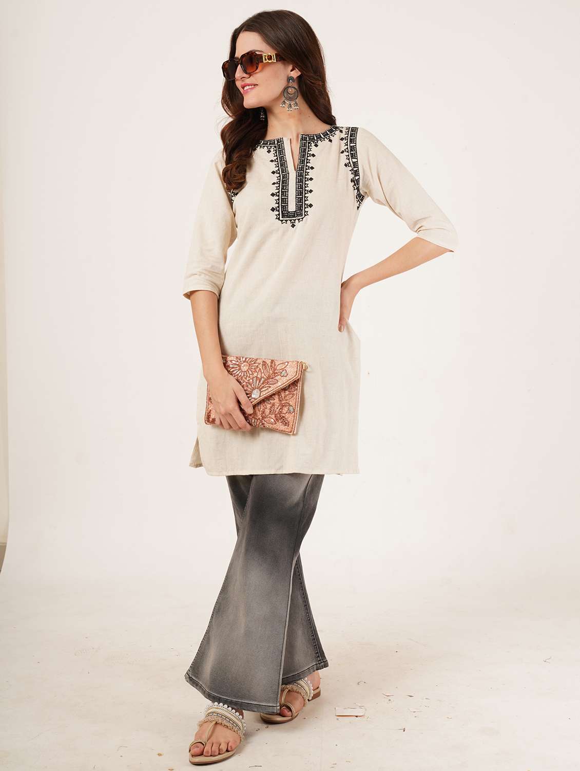 women embroidered three quarter sleeve straight kurti - 22072539 - Standard Image - 4