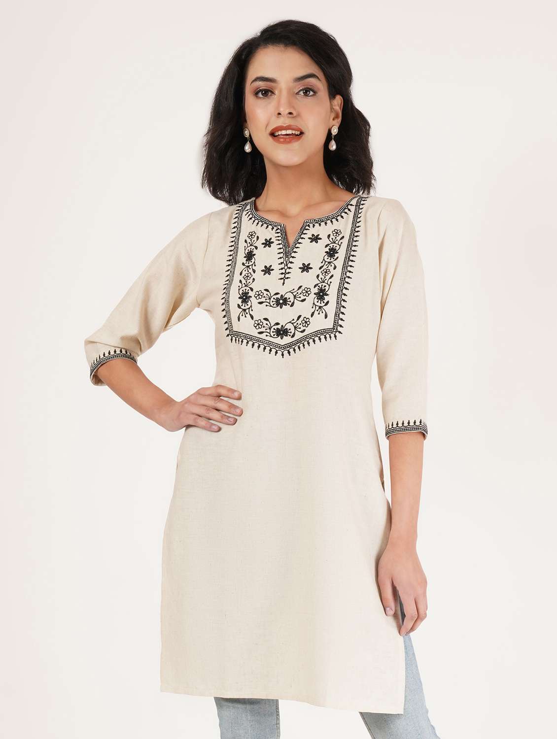 women embroidered three quarter sleeve straight kurti