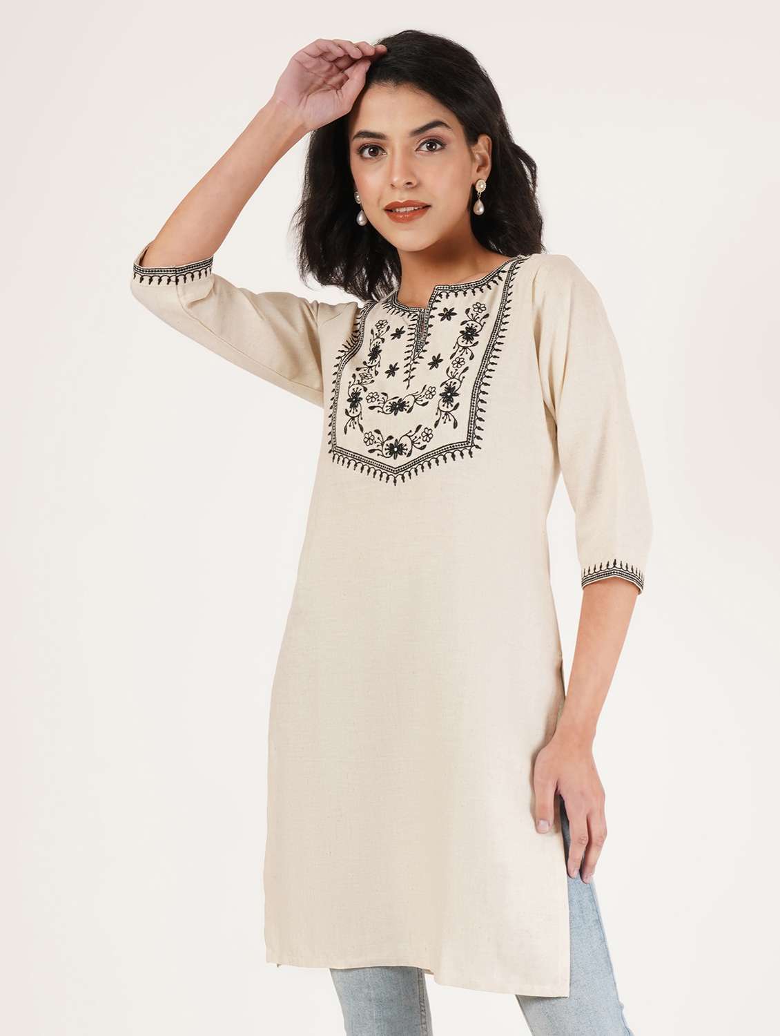 women embroidered three quarter sleeve straight kurti - 22072542 - Standard Image - 1