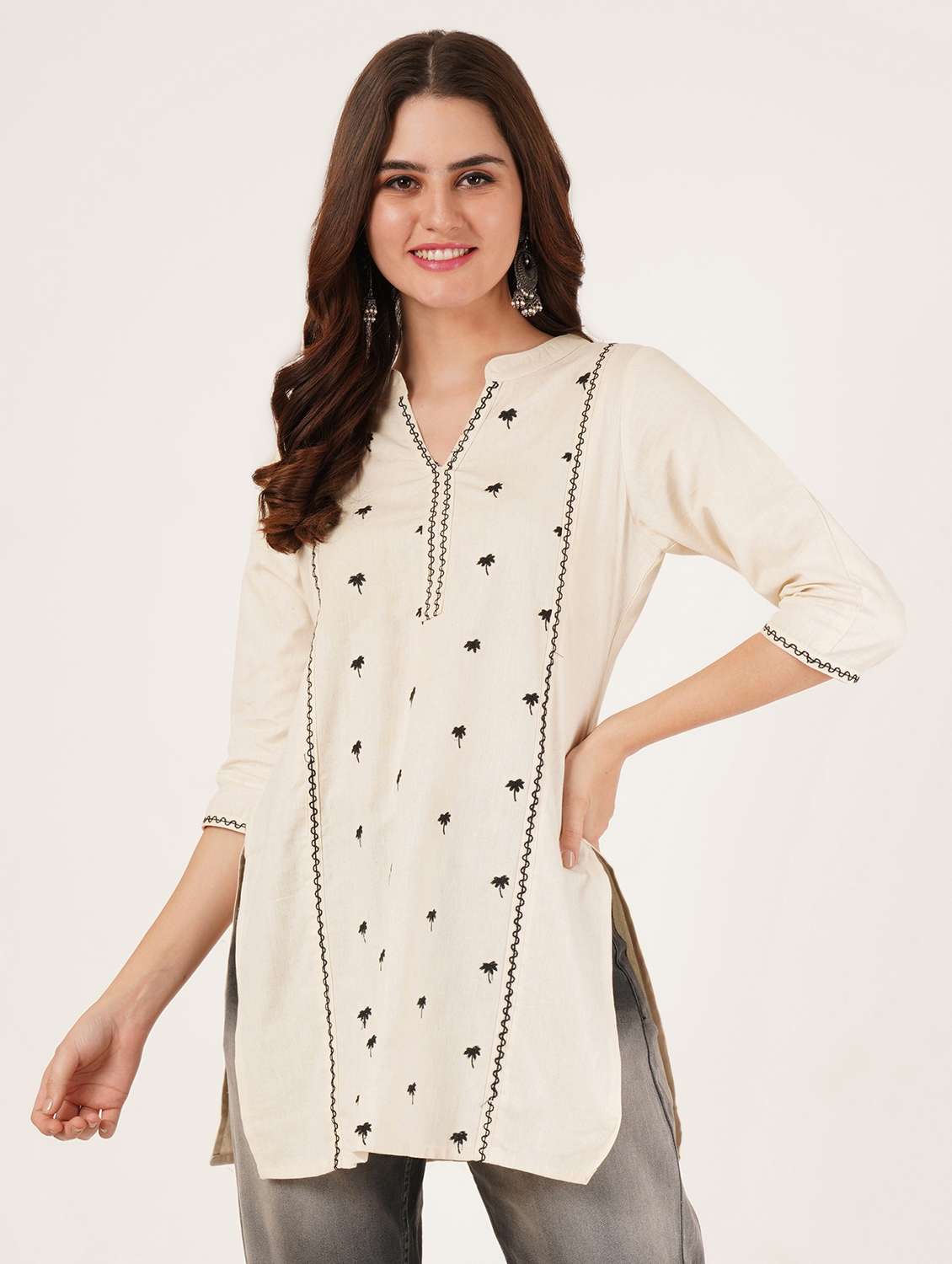 women embroidered three quarter sleeve straight kurti