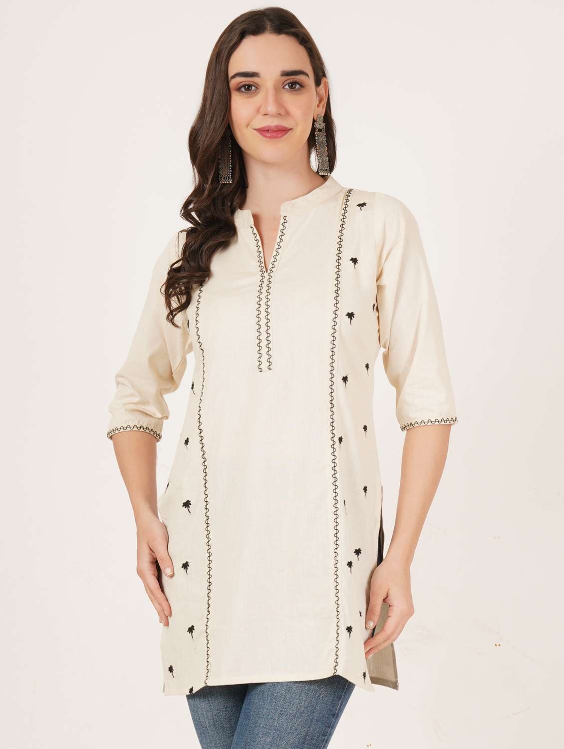 women embroidered three quarter sleeve straight kurti