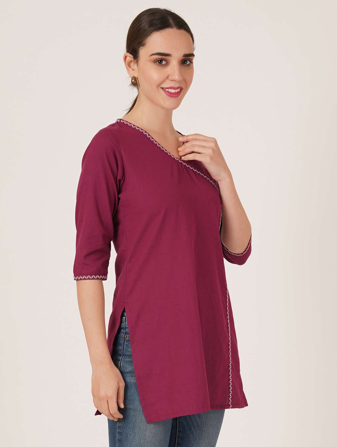 Women Embroidered Three Quarter Sleeve Angrakha Kurti - 22072555 -  Standard Image - 1