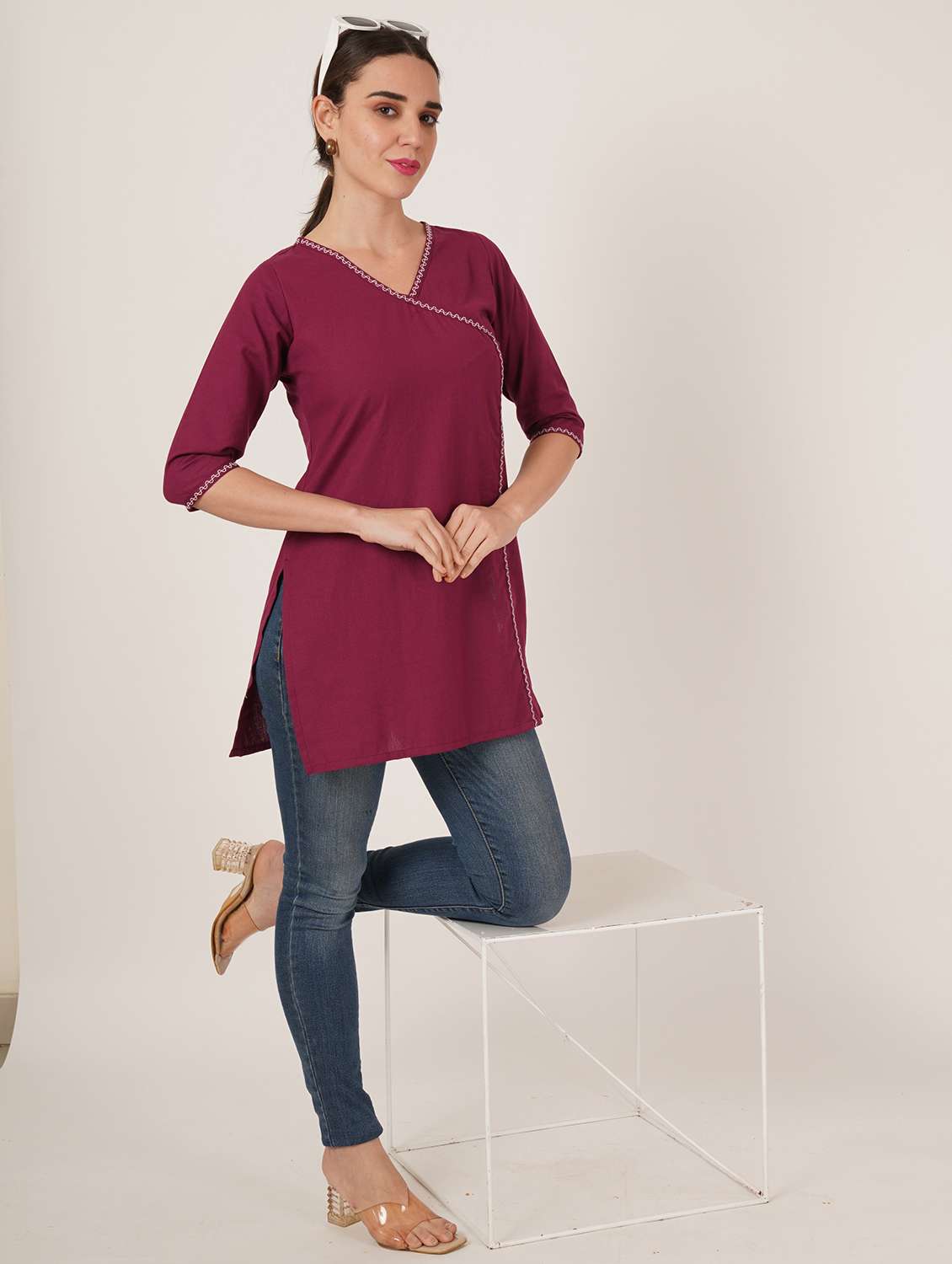 Women Embroidered Three Quarter Sleeve Angrakha Kurti - 22072555 -  Standard Image - 6