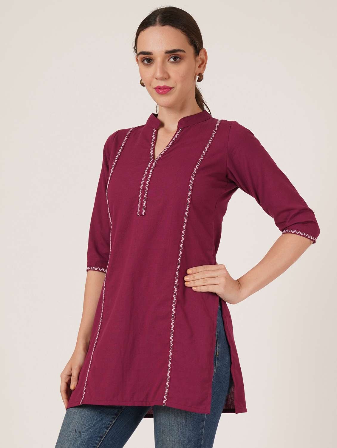 women embroidered three quarter sleeve straight kurti - 22072558 -  Standard Image - 1