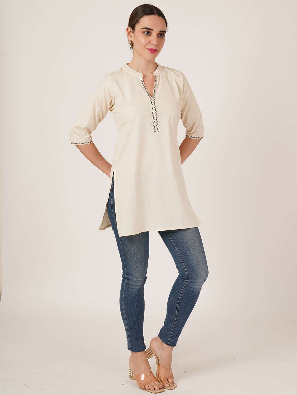 women embroidered three quarter sleeve straight kurti - 22072559 -  Standard Image - 4