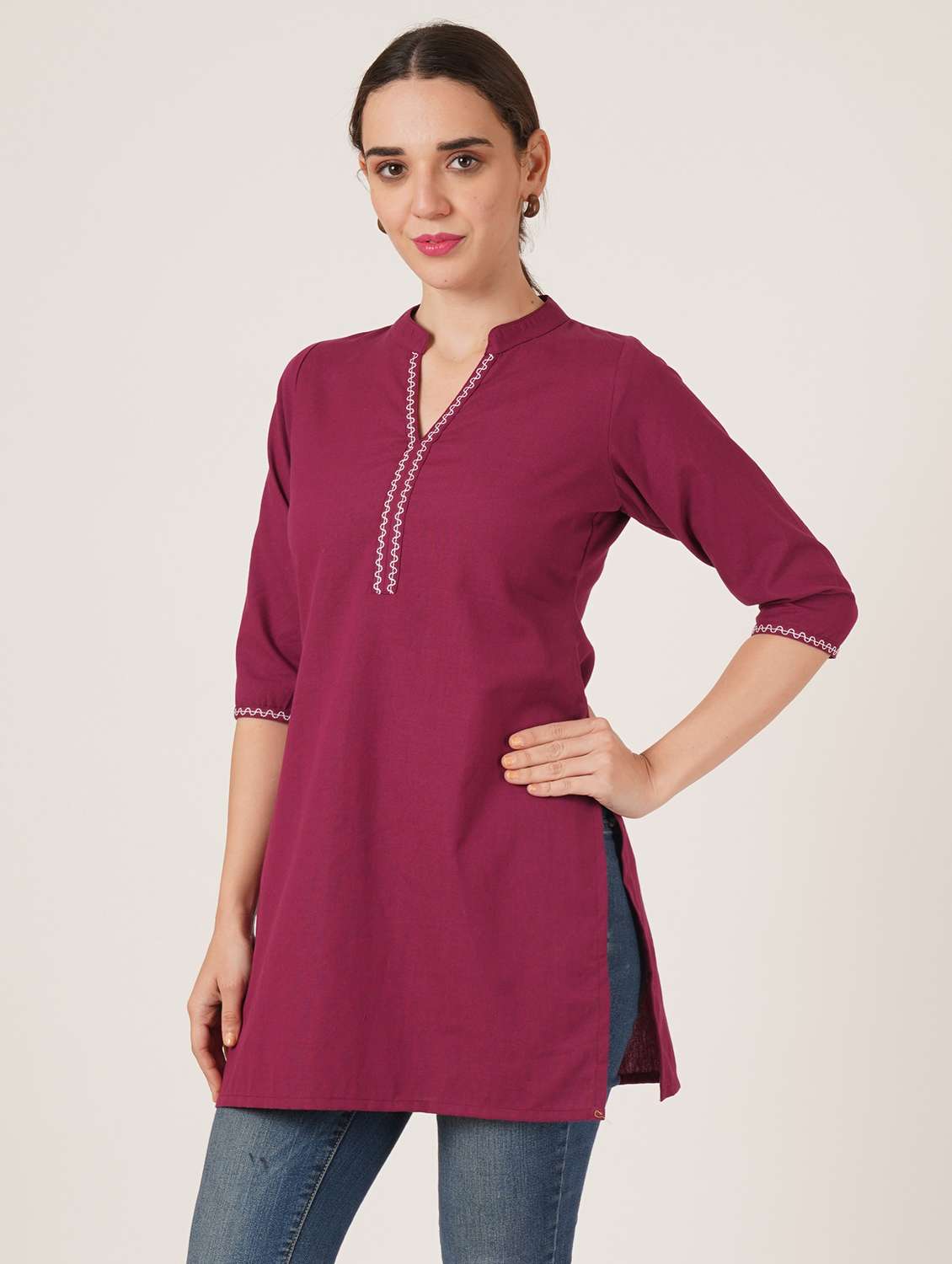 women embroidered three quarter sleeve straight kurti - 22072561 -  Standard Image - 1