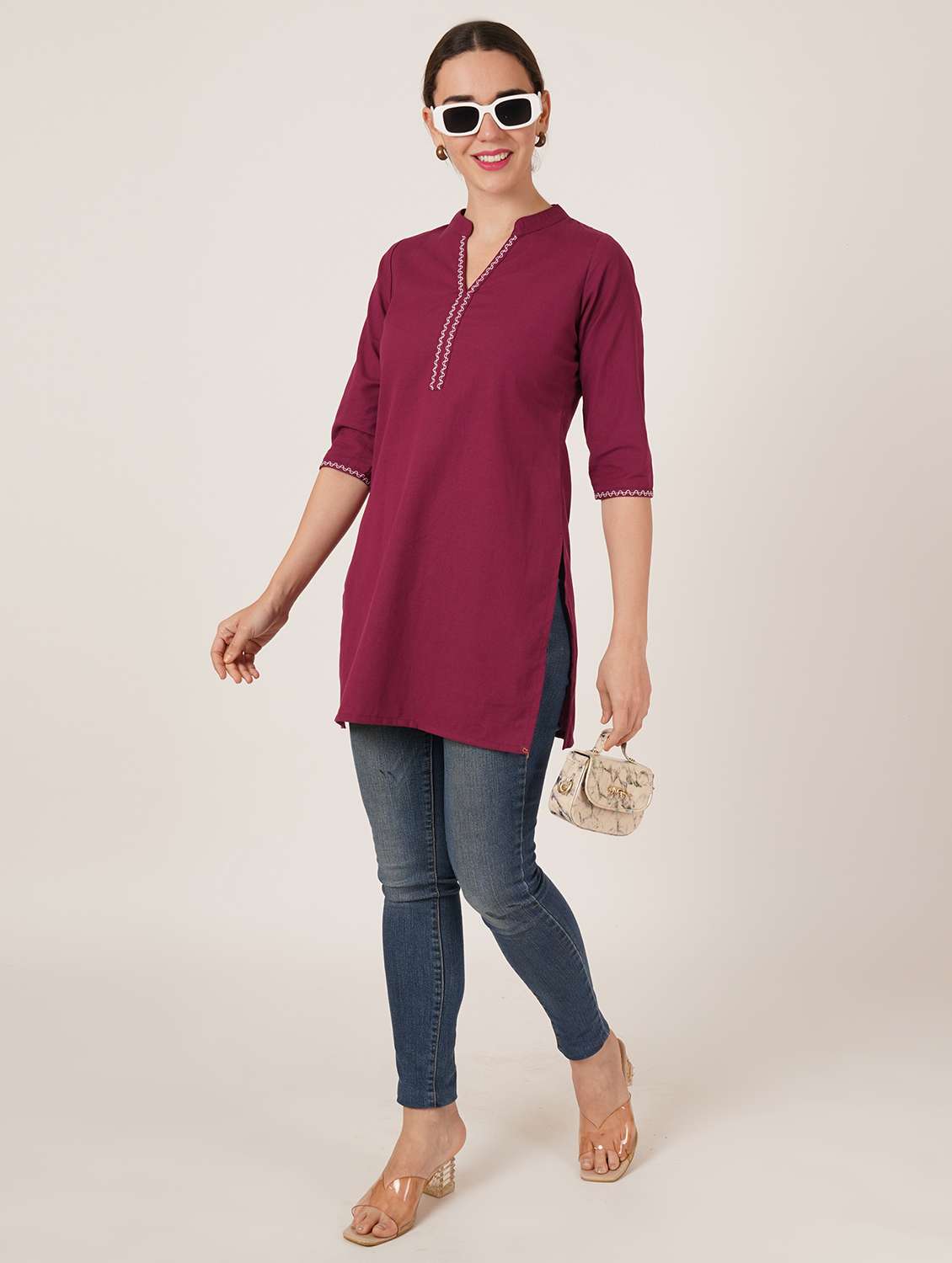 women embroidered three quarter sleeve straight kurti - 22072561 -  Standard Image - 4