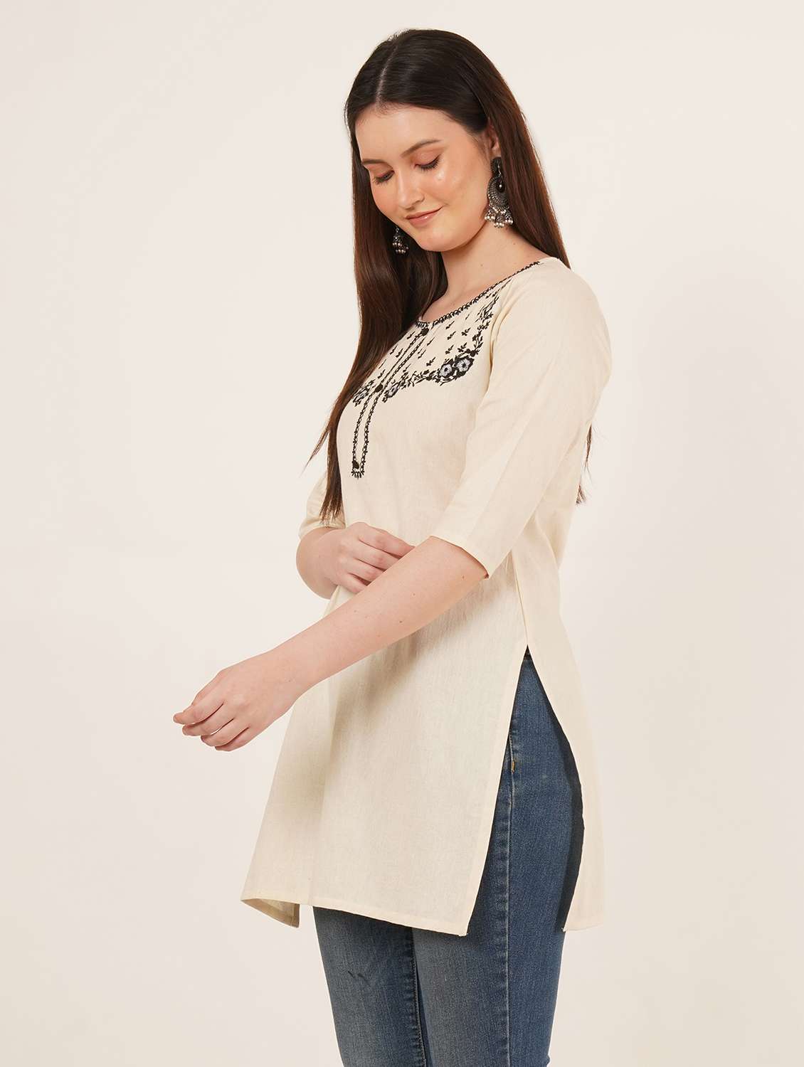 women embroidered three quarter sleeve straight kurti - 22072562 - Standard Image - 1