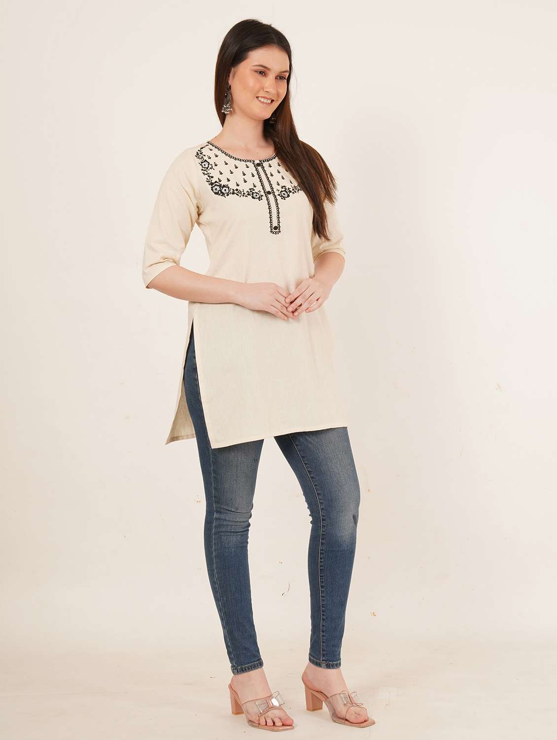 women embroidered three quarter sleeve straight kurti - 22072562 - Standard Image - 4