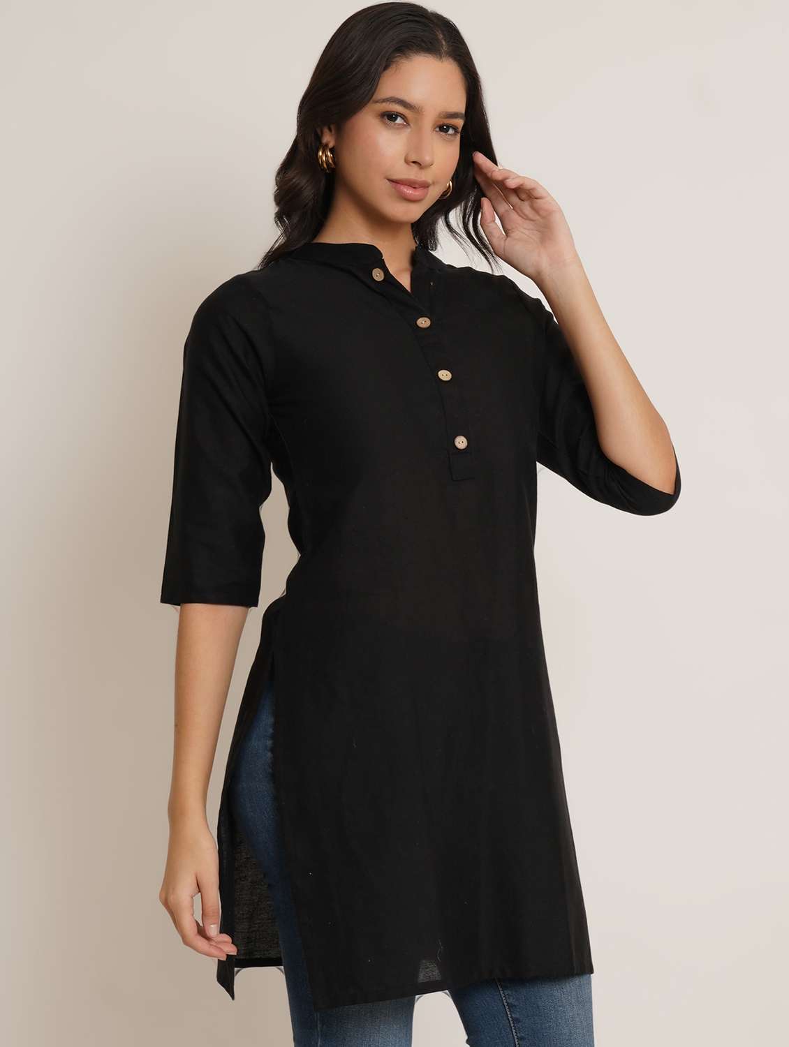women solid three quarter sleeve straight kurti - 22072564 -  Zoom Image - 0