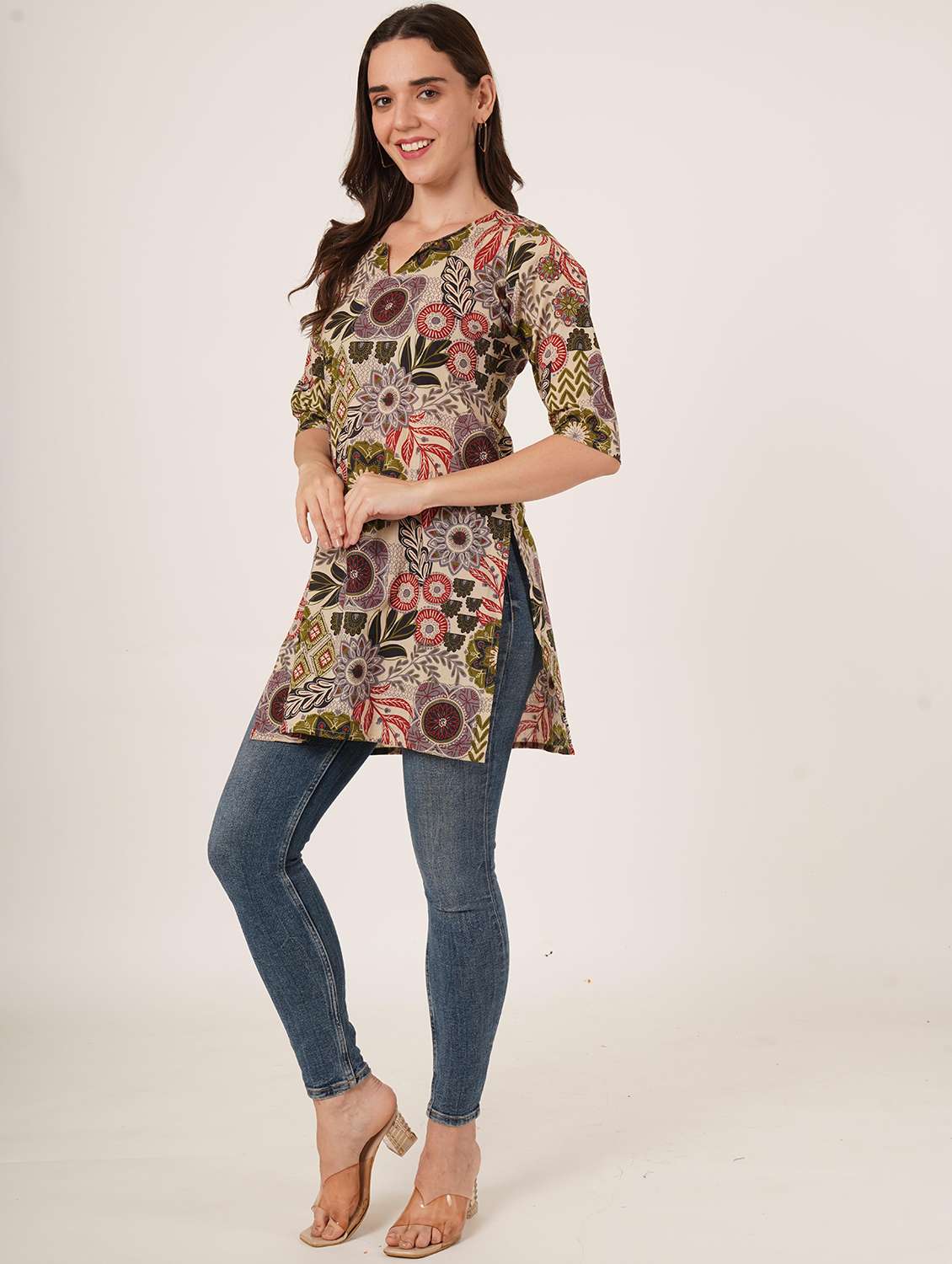 women printed three quarter sleeve straight kurti - 22072573 -  Standard Image - 4