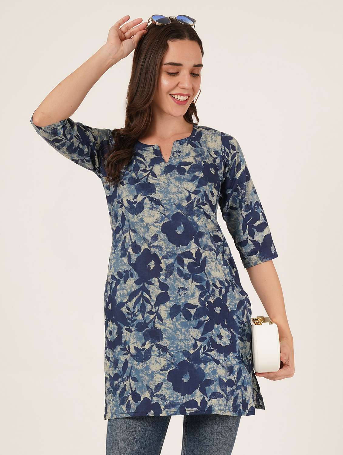 women floral printed three quarter sleeve straight kurti - 22072575 -  Standard Image - 1