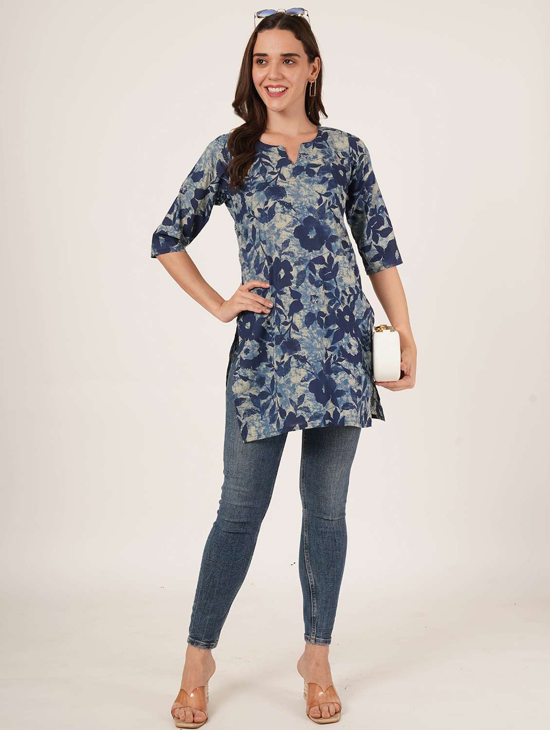 women floral printed three quarter sleeve straight kurti - 22072575 -  Standard Image - 6