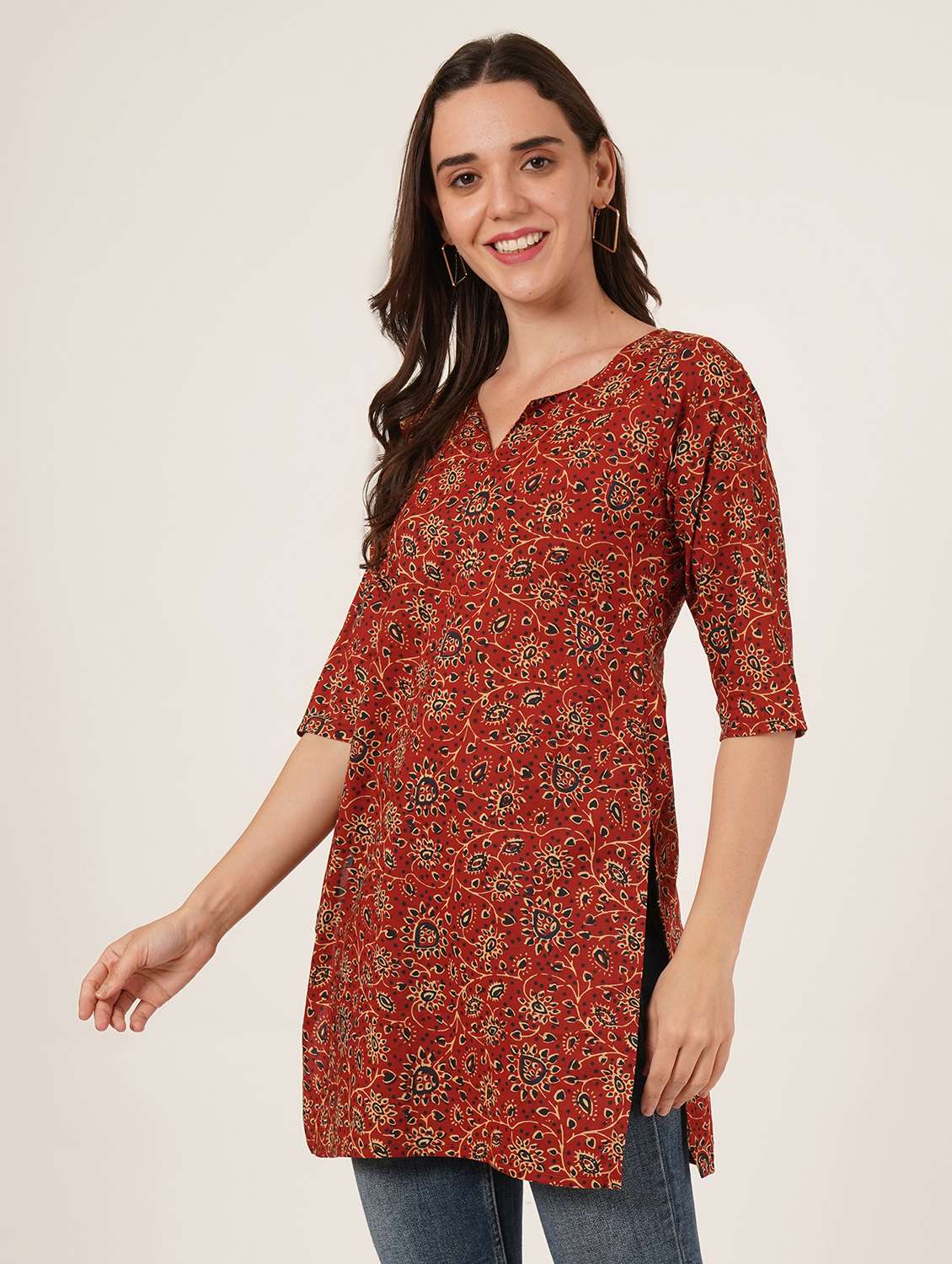 women printed three quarter sleeve straight kurti - 22072576 -  Standard Image - 1