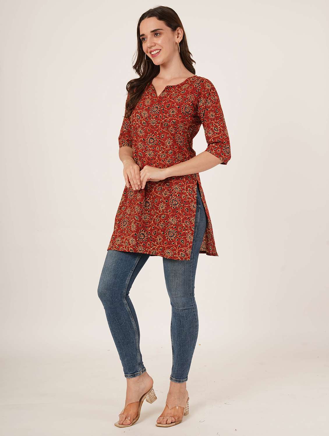 women printed three quarter sleeve straight kurti - 22072576 -  Standard Image - 4