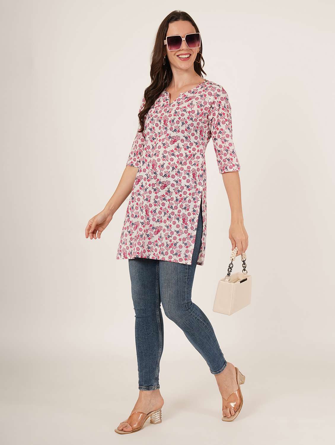 women floral printed three quarter sleeve straight kurti - 22072577 - Standard Image - 4