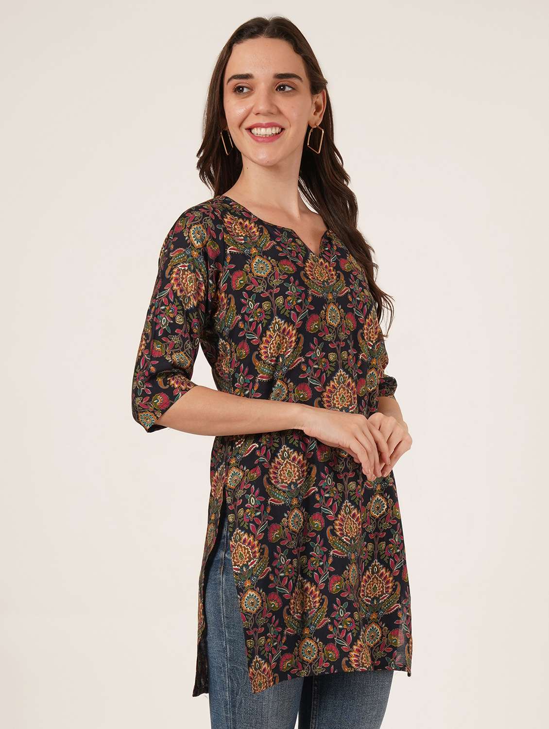 women printed three quarter sleeve straight kurti - 22072578 - Standard Image - 1