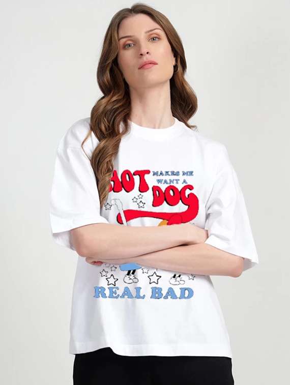 women front print round neck oversized t-shirt - 22072758 -  Standard Image - 1