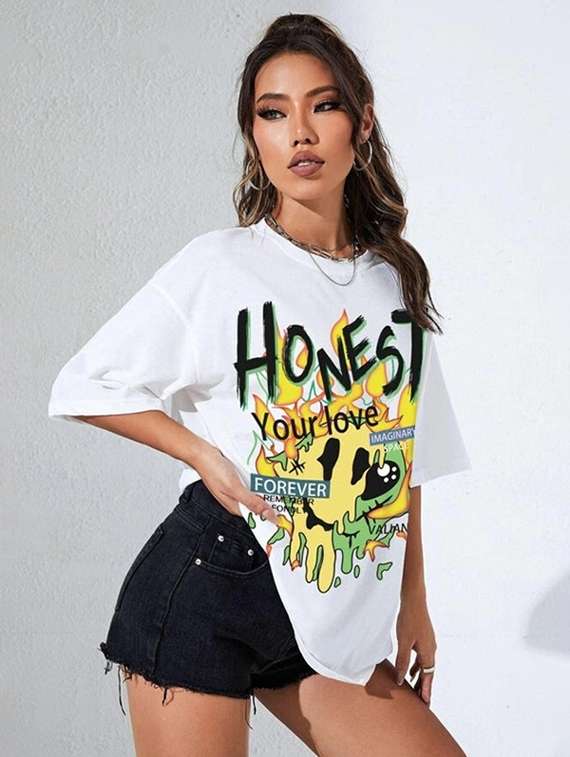 women front print round neck oversized t-shirt - 22072759 -  Standard Image - 1