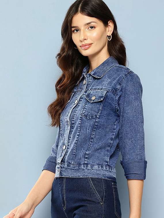 women solid long sleeve collared denim jacket