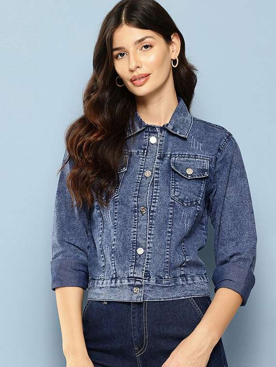 women solid long sleeve collared denim jacket - 22072835 -  Standard Image - 1