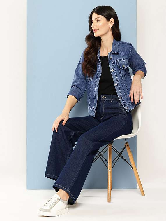 women solid long sleeve collared denim jacket - 22072835 -  Standard Image - 4