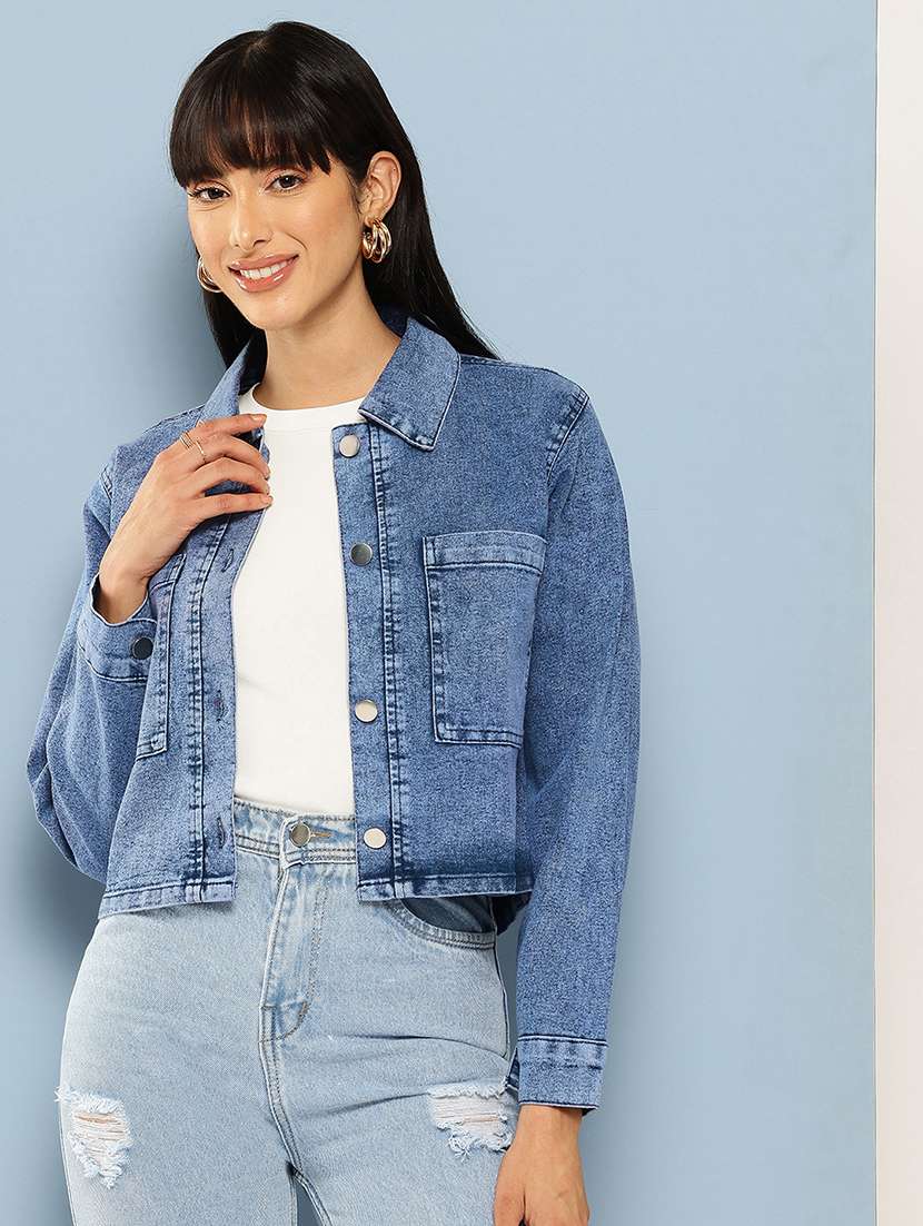 women long sleeve collared denim jacket - 22072838 - Zoom Image - 0